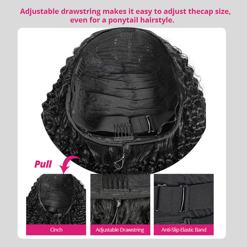 【3 IN 1 HALF WIG】Afro Curly Drawstring With Elastic Band Wig Real Hairline Flip Over Wig Friendly To Beginners Natural Hairline - AlloveHair