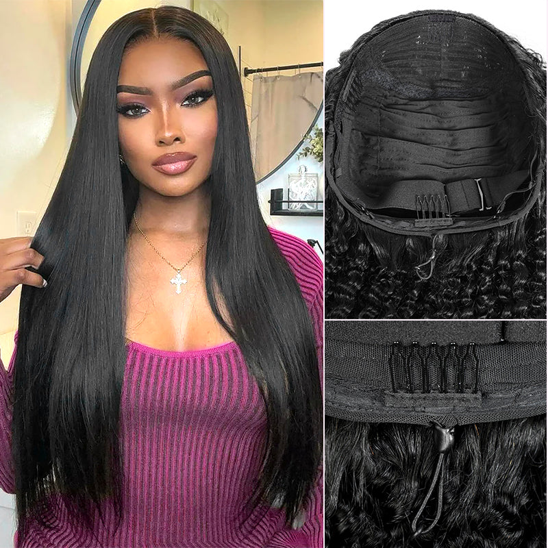【3 IN 1 HALF WIG】Long 40Inch Invisible Hairline Silky Straight Half Wig with Drawstring Beginner-Friendly Human Hair Wigs - AlloveHair