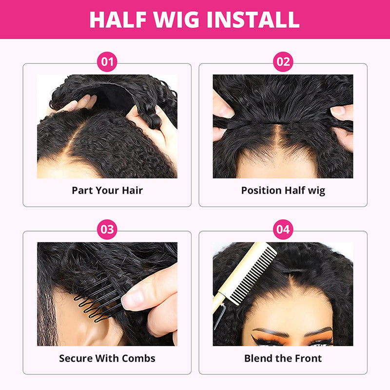 【3 IN 1 HALF WIG】Afro Curly Drawstring With Elastic Band Wig Real Hairline Flip Over Wig Friendly To Beginners Natural Hairline - AlloveHair