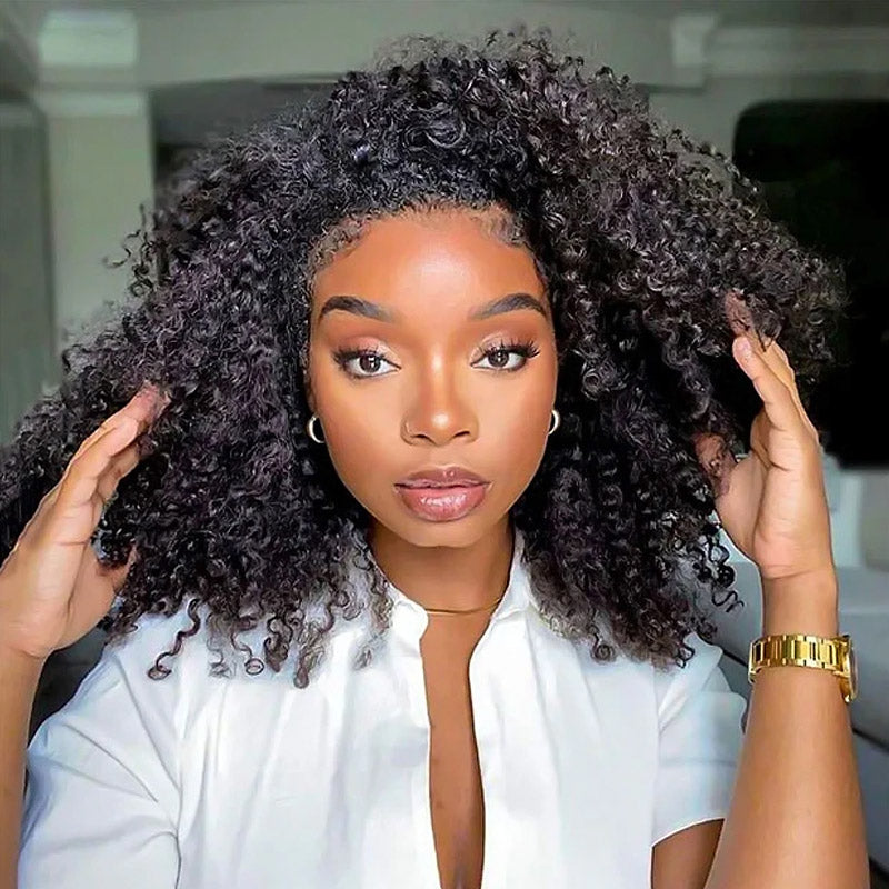 【3 IN 1 HALF WIG】Afro Curly Drawstring With Elastic Band Wig Real Hairline Flip Over Wig Friendly To Beginners Natural Hairline - AlloveHair