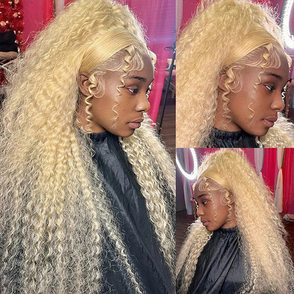 613 Blonde Color 13x6 Transparent Lace Front Wig Deep Wave Human Hair Brazilian HD Undetectable Invisible 360 Lace Font Wig