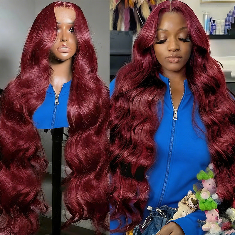 200% Density 99J Burgundy Color Straight And Body Wave 5*5 Glueless Wigs for Beginners Wine Red Wigs - AlloveHair