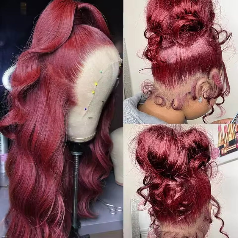 Allove Snug Fit 99J Burgundy Invisi-Pull String 360 Full Lace Frontal Wig 250% Density Straight Hair/Body Wave Pre Everything Glueless Wigs - AlloveHair
