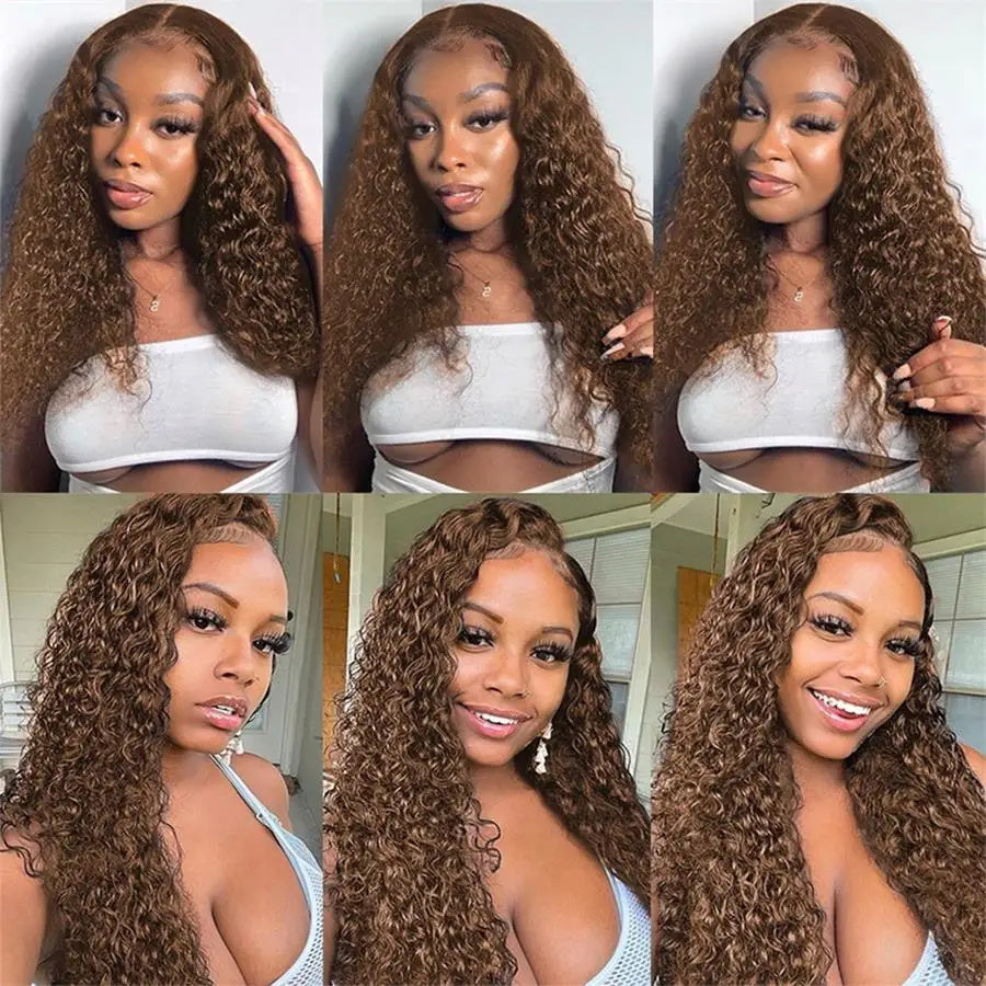 #4 Brown Colored Deep Wave Lace Front Wig 13x4 Transparent Lace Frontal Wig Pre-Plucked Human Hair Wig
