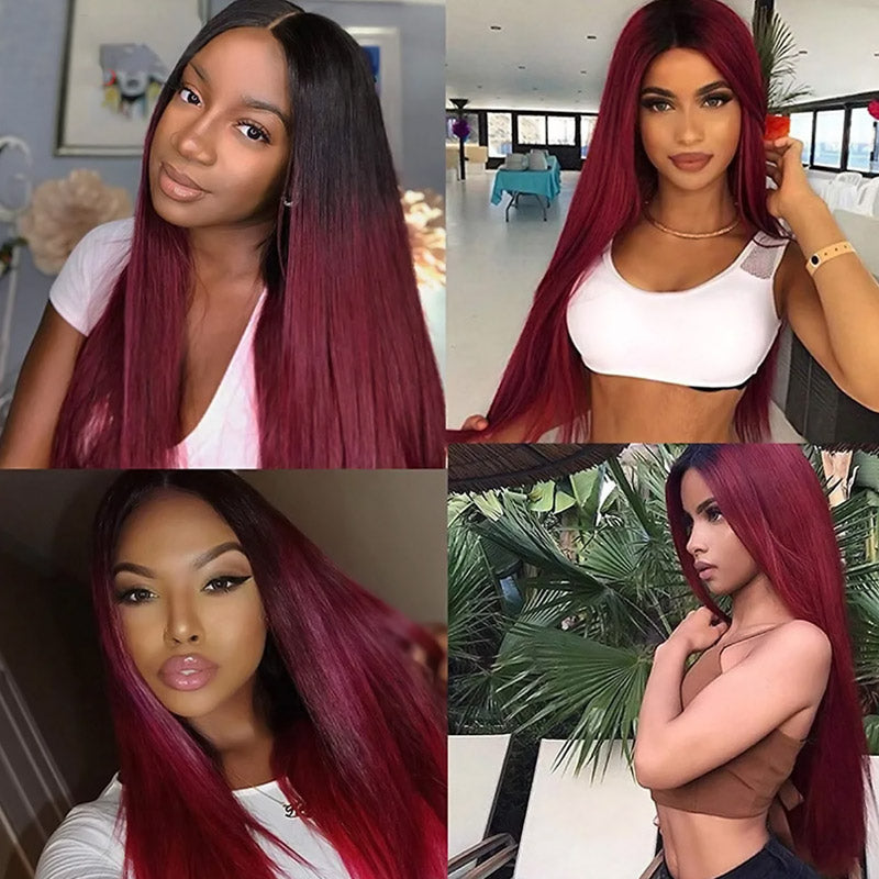 Allove T1B/99J Colored Glueless Wig Dark Root Burgundy Body Wave Human Hair Lace Front Wigs with Pre-plucked - AlloveHair