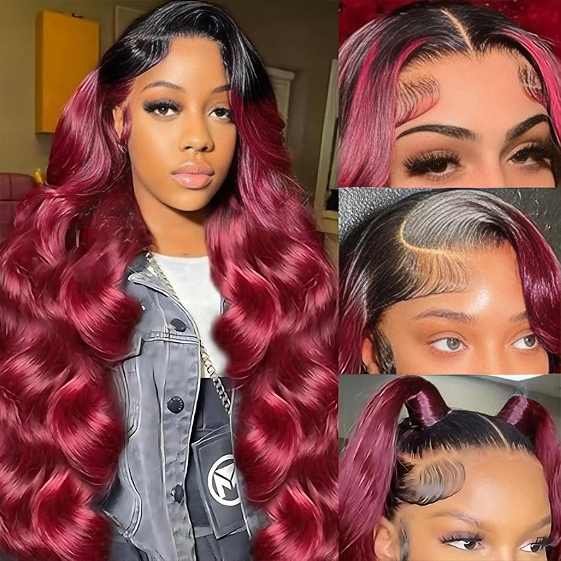 Allove T1B/99J Colored Glueless Wig Dark Root Burgundy Body Wave Human Hair Lace Front Wigs with Pre-plucked - AlloveHair