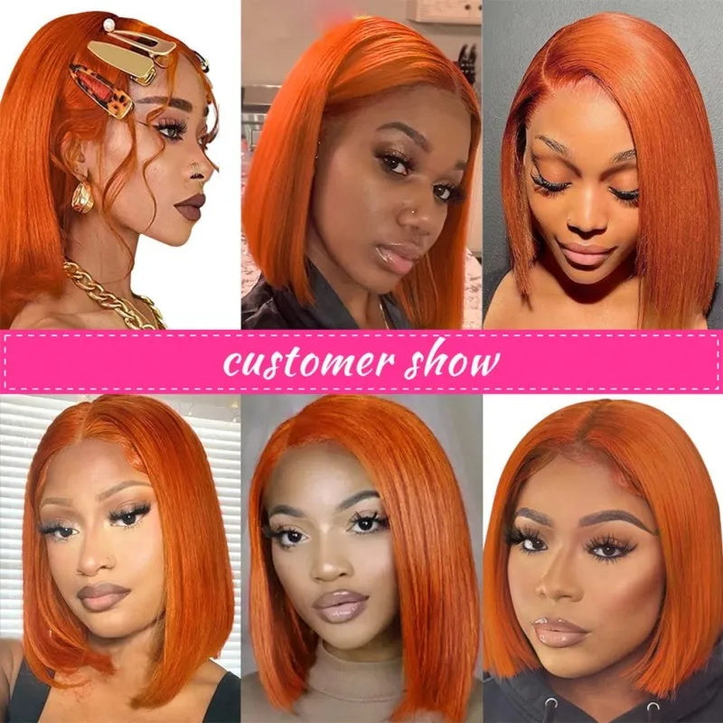 Orange Ginger Color Short Bob Straight Hair 13x4x1 Lace Part Human Hair Wigs
