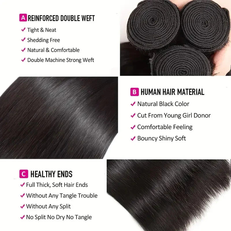 Brazilian Straight Hair 3 Bundles With HD Lace Deep Part 2x6 Closure Human Hair Weave - AlloveHair
