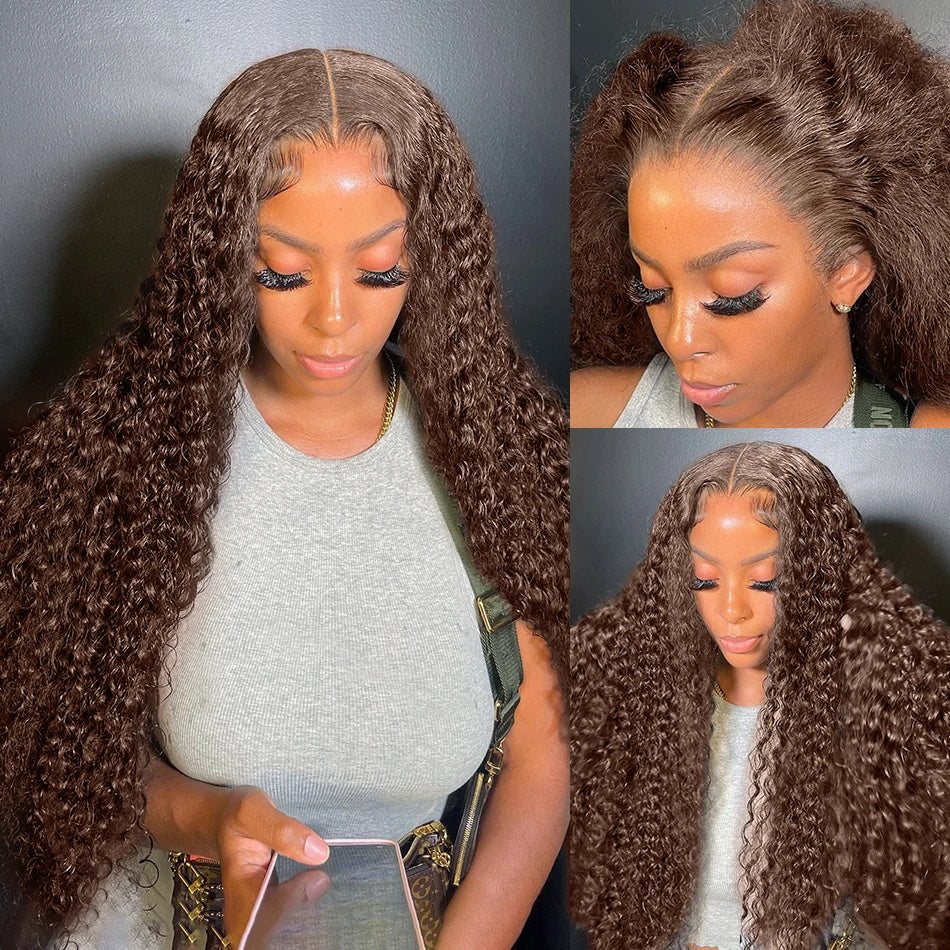 #4 Brown Colored Deep Wave Lace Front Wig 13x4 Transparent Lace Frontal Wig Pre-Plucked Human Hair Wig