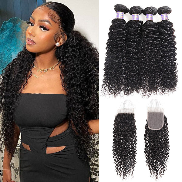 Achieve effortless glamour with Allove Hair's exquisite Curly hair weave featuring a closure, made from luxurious Brazilian virgin human hair. This high-quality hair exudes natural beauty and bounce, perfect for adding volume and texture to your look.