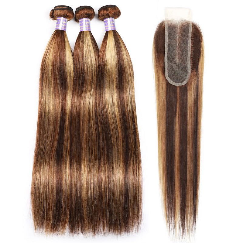 Honey Blonde Brazilian Highlight Straight Hair 3 Bundles With 2x6 Lace Closure - AlloveHair