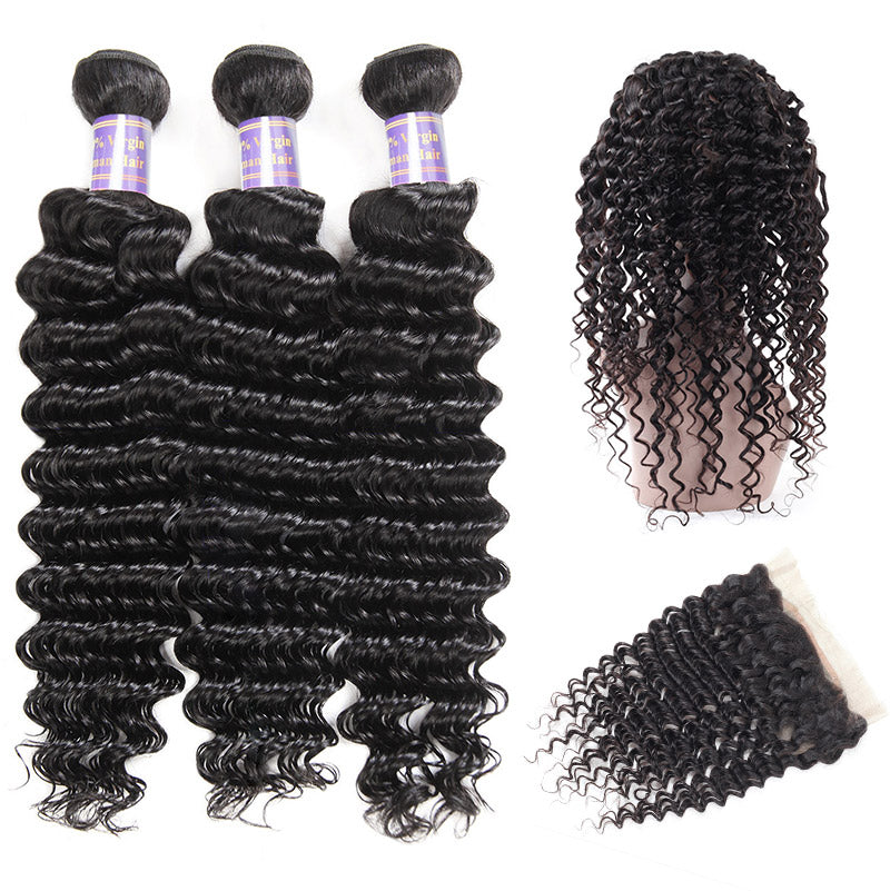 Transform your look with Allove Hair's Human Hair 360 Frontal with Bundles, featuring stunning deep wave Brazilian hair that adds volume and movement to your style. This set includes a 360 lace frontal, providing a natural hairline and versatility for various hairstyles, including updos.