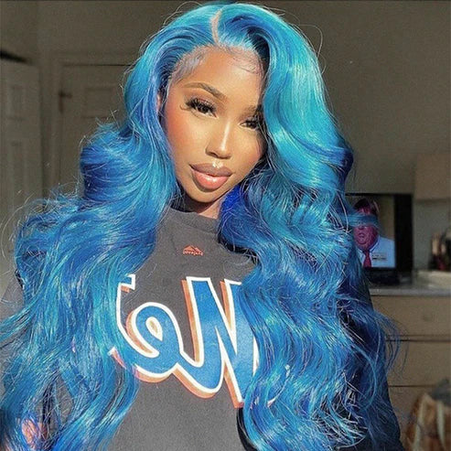 Light Sky Blue Body Wave 13x4 Lace Frontal Wig With Pre plucked Colored Human Hair Wig - AlloveHair