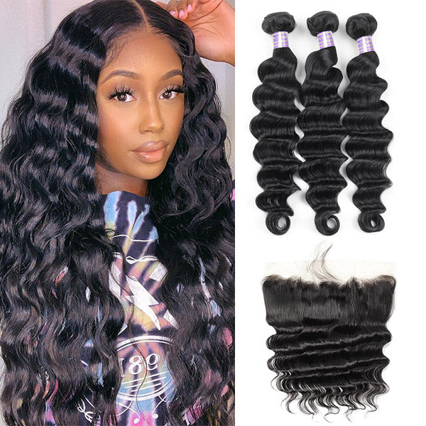 Achieve effortless glamour with Allove Hair's Brazilian Loose Deep Wave Frontal and Bundles. Made from 100% premium human hair, these bundles offer a stunning combination of loose waves and deep curls that will elevate your look. Perfect for a seamless sew-in installation, this set includes both the frontal and bundles for a complete and flawless finish.