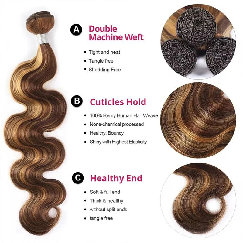 P4/27 Highlight Body Wave 3 Bundles With 2x6 Deep Part Lace Closure 100% Human Hair - AlloveHair