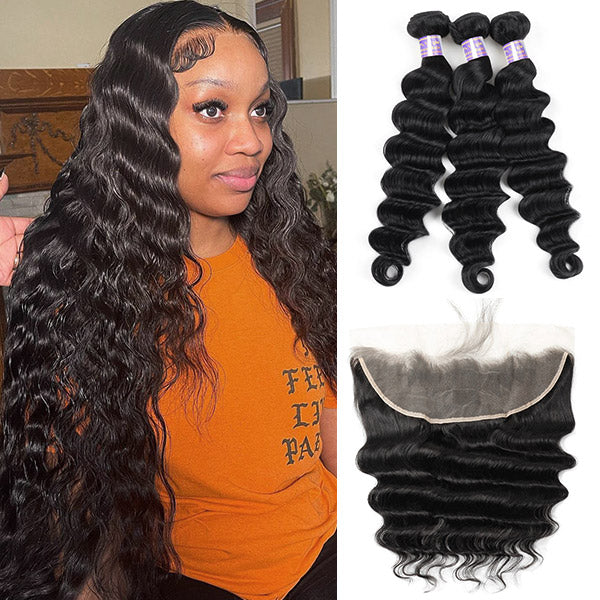 Elevate your look with Allove Hair's Peruvian Loose Deep Wave Hair Bundles. Crafted from real human hair, these bundles offer a luxurious blend of loose waves and deep curls that exude beauty and sophistication. Complete your style with a 13x4 lace frontal for a seamless sew-in installation that will leave you looking flawless.