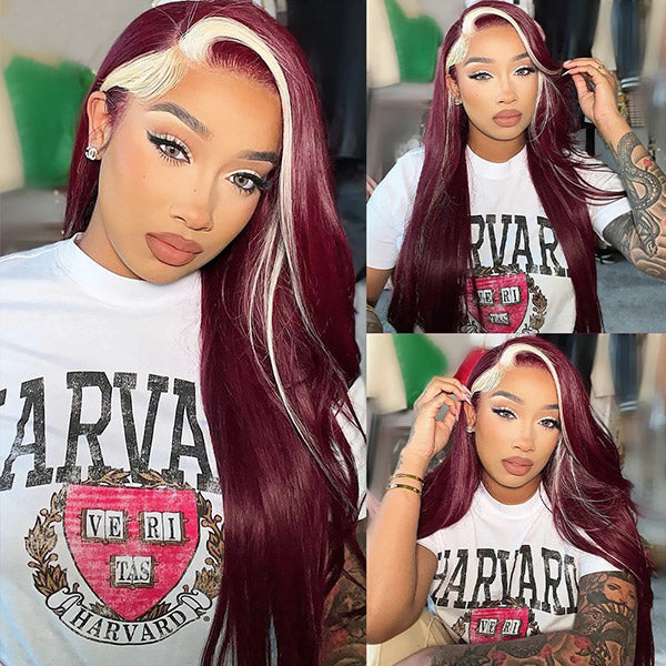 Skunk Stripe 99J Burgundy Blonde Color Straight 13x4 Transparent Lace Front Human Hair Wig with Pre Plucked