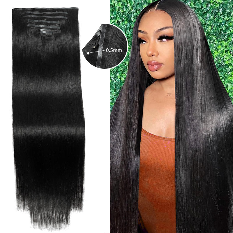 [Final Price - No Code Needed] Seamless PU Clip in Hair Extensions Silky Straight Real Human Hair Pieces For Black Women - AlloveHair