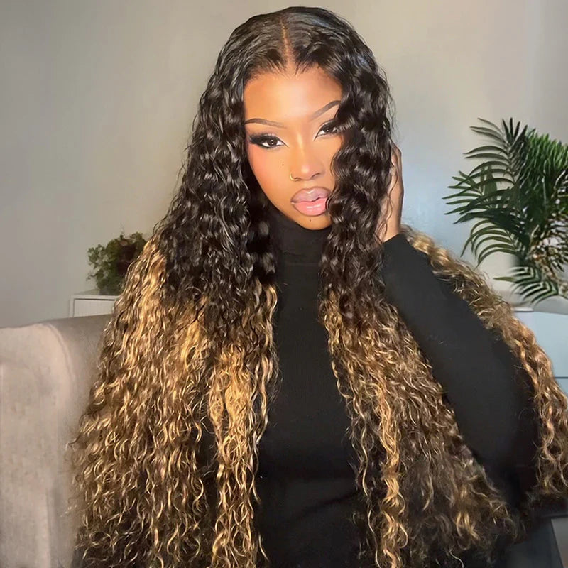 Two Tone Ombre Honey Blonde Glueless Deep Curly Transparent Lace Front Colored Wigs - AlloveHair