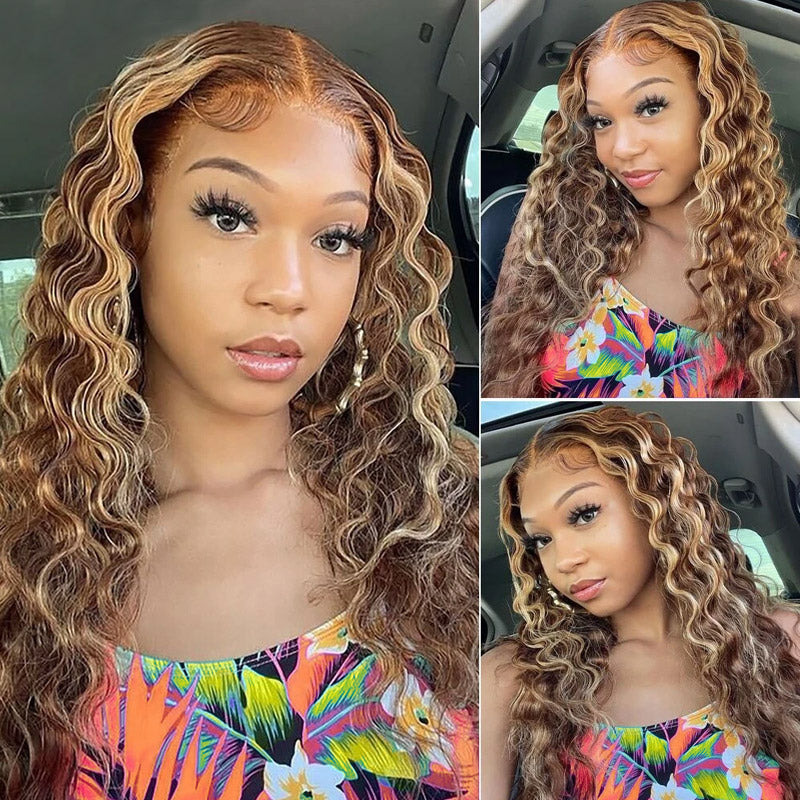 [28'' = $165.99 - No Code Needed] Honey Blonde Highlight 13x6 HD Lace Frontal Wig Virgin Loose Deep Wave Human Hair - AlloveHair