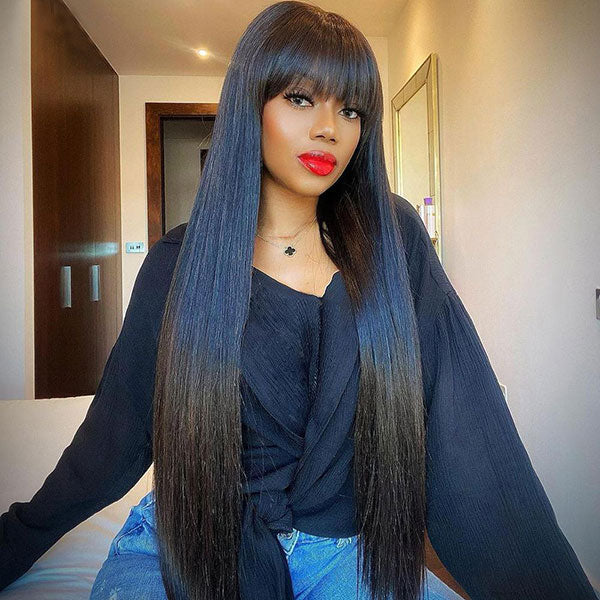 Glueless Wig With Bangs Straight Machine Made Human Hair Wigs for Women Natural Color