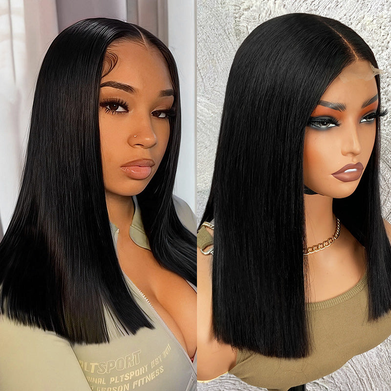 200% Density Silky Blunt Cut Glueless 2x6 Lace Closure Wig Shoulder Length Straight Hair Bob Wig - AlloveHair