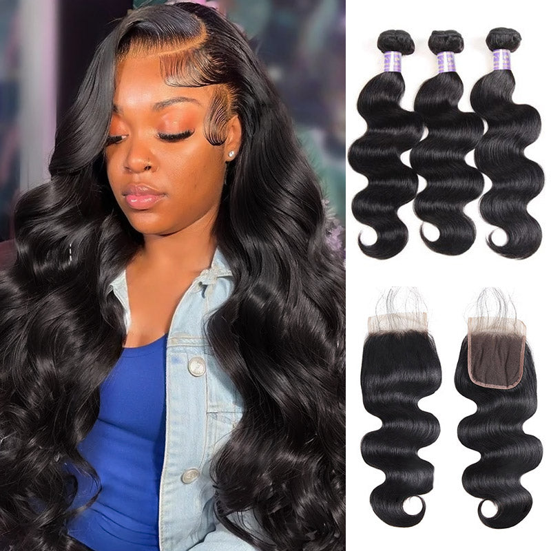 Allove Hair Brazilian Body Wave 3 Bundles with Lace Closure Human Hair - AlloveHair