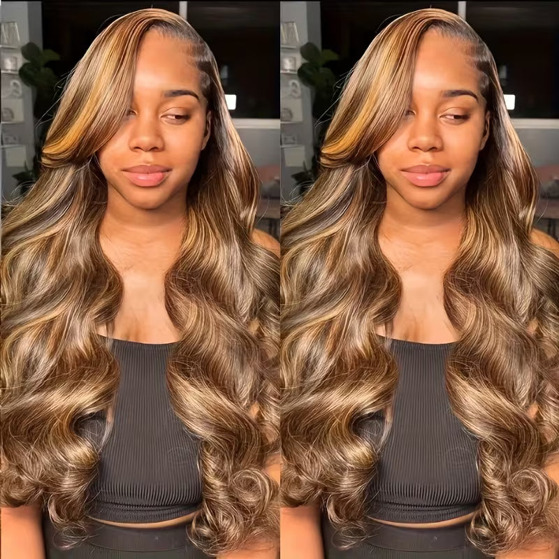200% Density P4/27 Highlight Brown Colored Human Hair Wigs Skin Melt 13x6 Body Wave HD Lace Front Wigs - AlloveHair