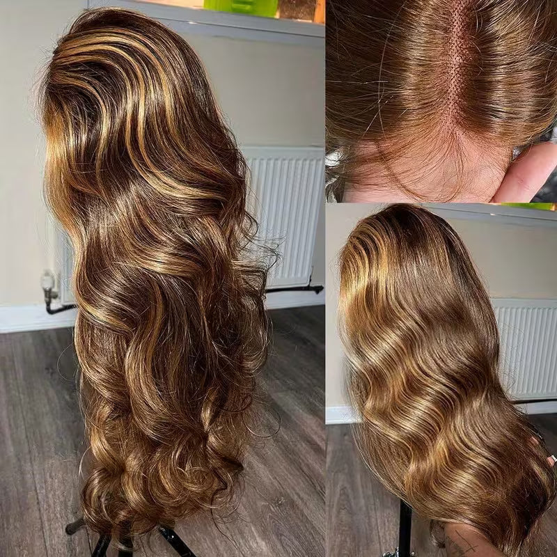 200% Density P4/27 Highlight Brown Colored Human Hair Wigs Skin Melt 13x6 Body Wave HD Lace Front Wigs - AlloveHair