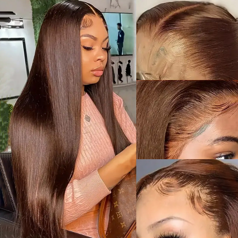 32Inch Wear And Go #4 Chocolate Brown Barbie Colored Straight Human Hair 13x4 HD Glueless Lace Frontal Wig - AlloveHair
