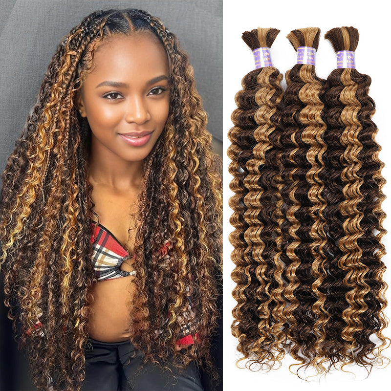 [Ship From US] Allove Hair Boho Braids Deep Wave Bulk Human Hair For Braiding Highlight P4/27 Honey Blonde Color - AlloveHair