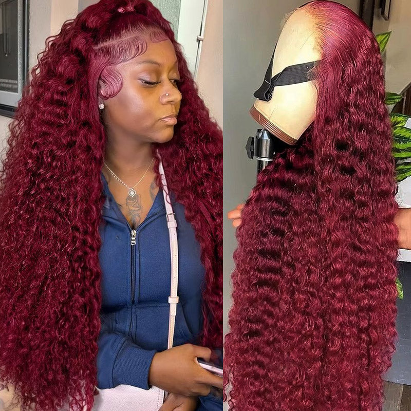 40 Inch #99J Deep Wave Burgundy Wig 13x4 HD Glueless Lace Front Wig with Pre Plucked - AlloveHair