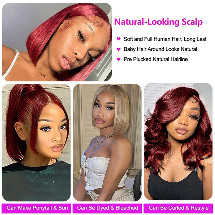 Allove Hair 99J # Color Lace Part Straight Short Bob Human Hair Wig 150% Density