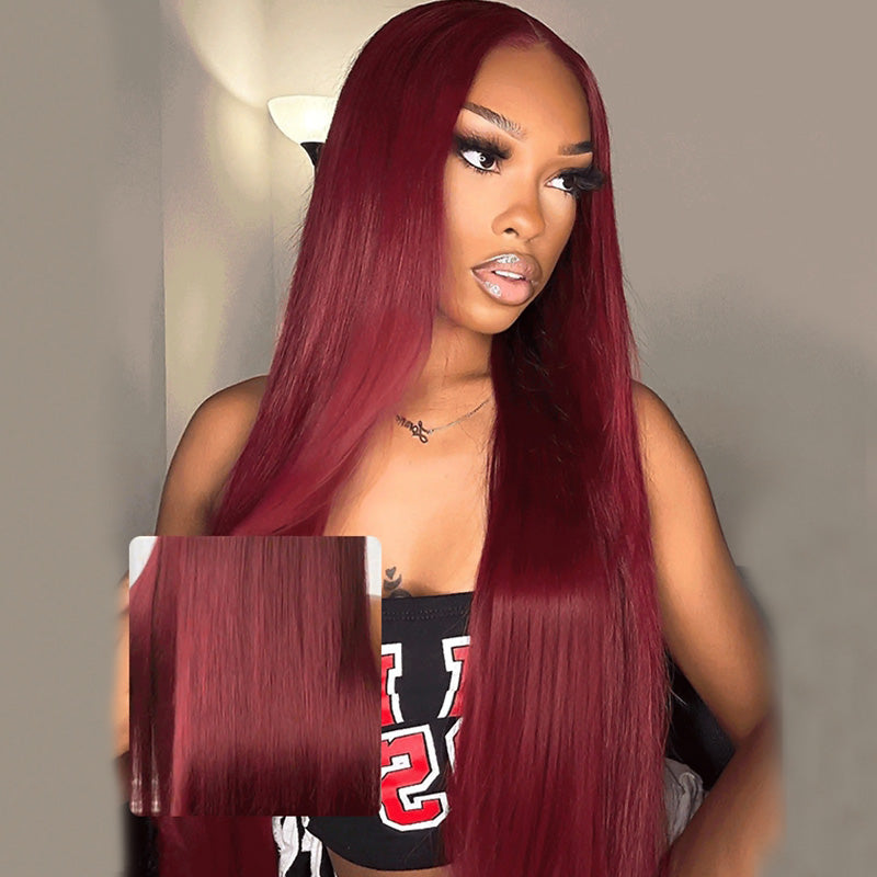 200% Density 99J Burgundy Color Straight And Body Wave 5*5 Glueless Wigs for Beginners Wine Red Wigs - AlloveHair