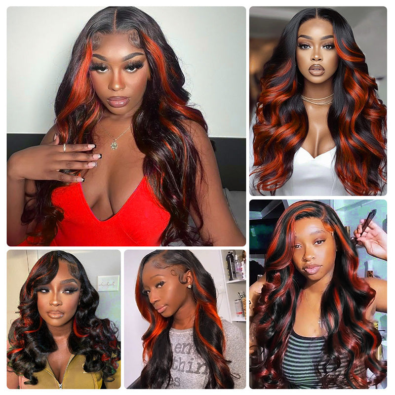 [New Trend] Peekaboo Black Hair With Ginger Orange Two Tones Ombre Color Body Wave Human Hair Bundles - AlloveHair