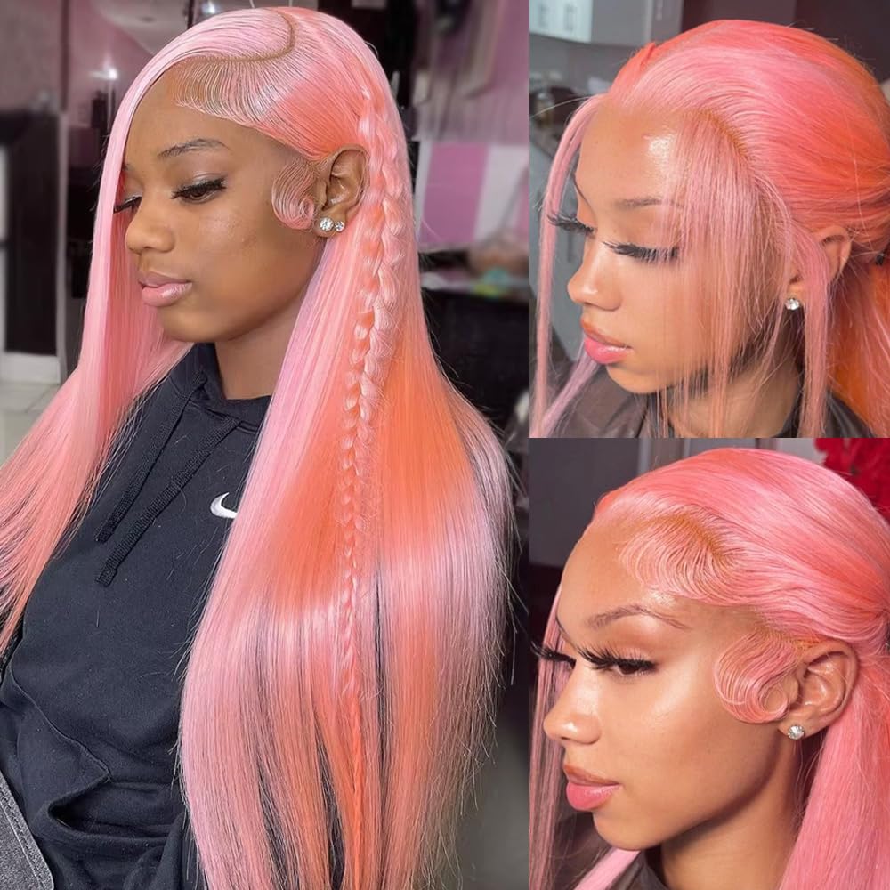 30 Inch Pink Colored 13x4 HD Lace Front Wig Bone Straight Human Hair Pre-plucked Wigs - AlloveHair
