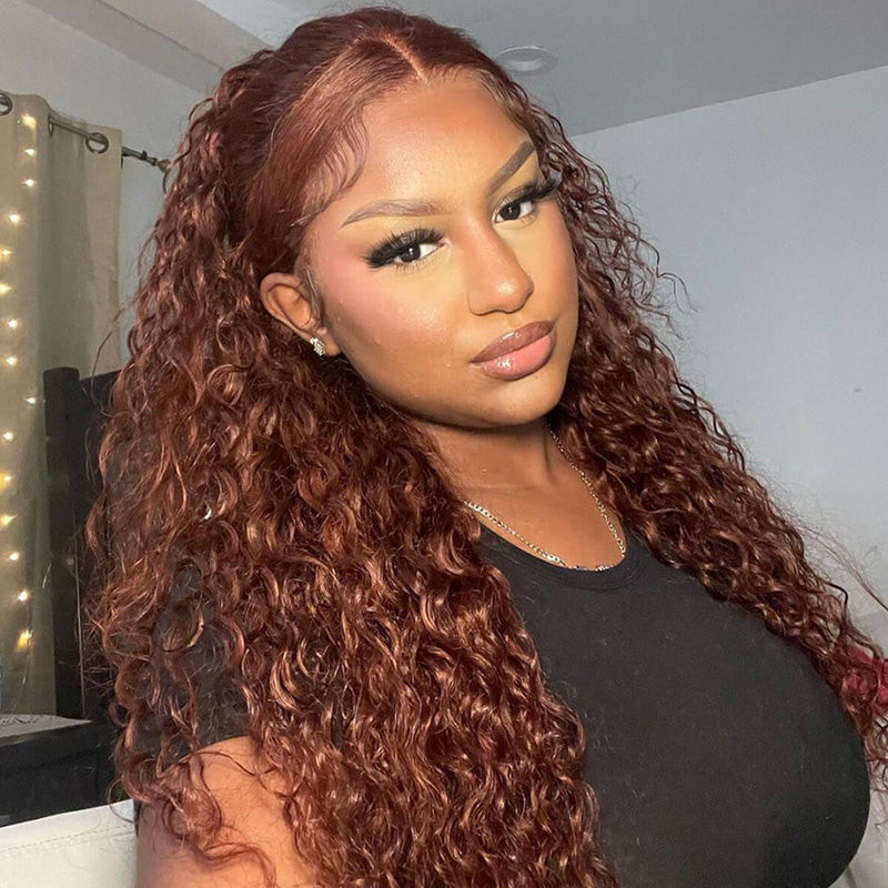 13x4 HD Lace Front Wigs #33 Reddish Brown Auburn Copper Color Water Wave Real Glueless Human Wigs - AlloveHair