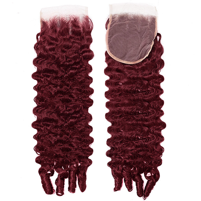 Premium #99J Burgundy Colored Burmese Curly Hair 3 Bundles with 4x4 Lace Closure Deal Red Human Hair Weave - AlloveHair