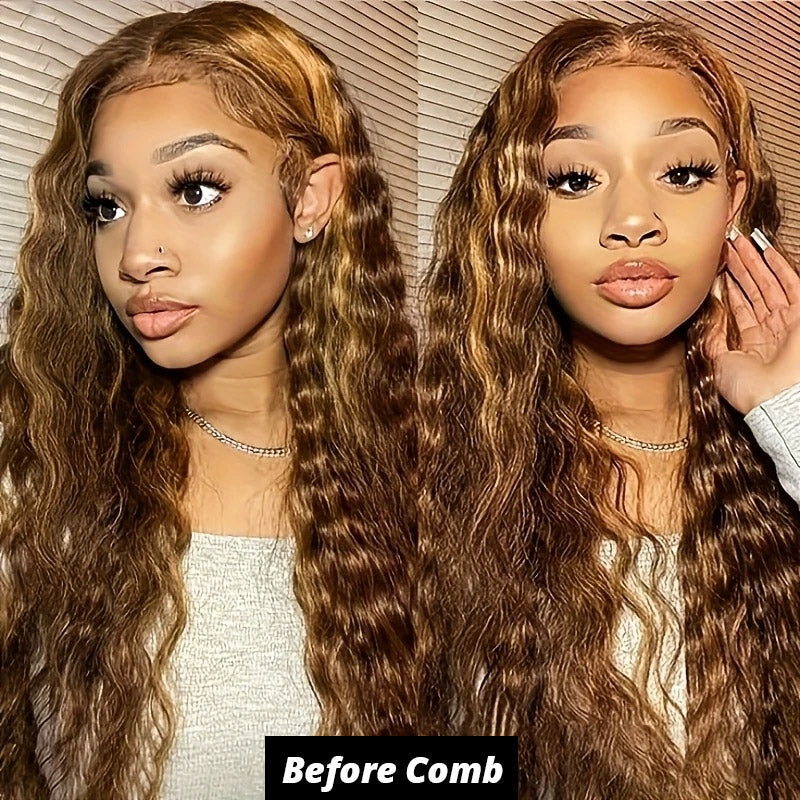 [28'' = $165.99 - No Code Needed] Honey Blonde Highlight 13x6 HD Lace Frontal Wig Virgin Loose Deep Wave Human Hair - AlloveHair