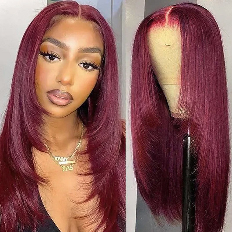 #99J Burgundy Color Layered Cut Straight Hair 13x4 HD Lace Front Wigs 180% Density - AlloveHair