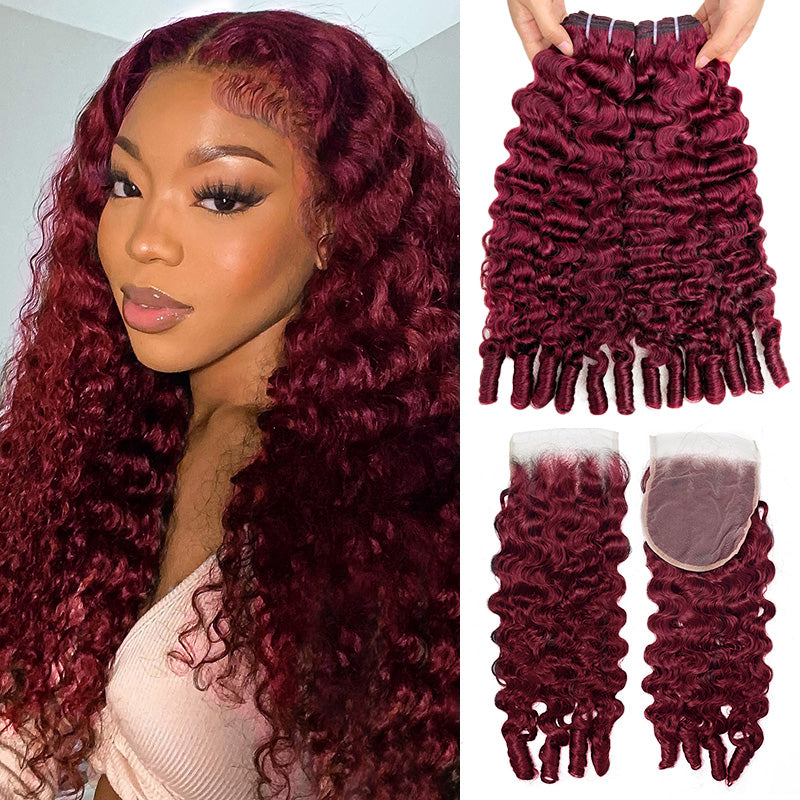 Premium #99J Burgundy Colored Burmese Curly Hair 3 Bundles with 4x4 Lace Closure Deal Red Human Hair Weave - AlloveHair