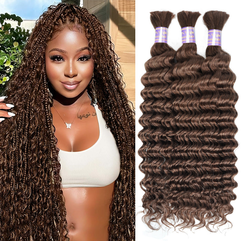 Allove #4 Deep Wave Bulk Human Hair For Braiding Brown Color Boho Braids For Black Women - AlloveHair
