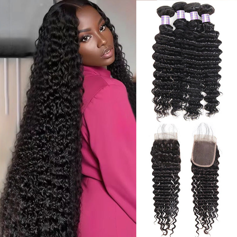 Malaysian Deep Wave 4 Bundles with 4*4 Lace Closure Virgin Human Hair - AlloveHair