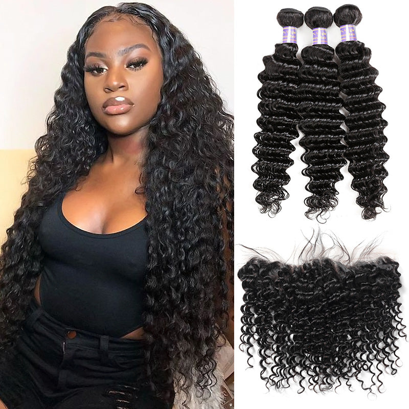 Peruvian Deep Wave 3 Bundles with 13*4 Lace Frontal Virgin Human Hair - AlloveHair