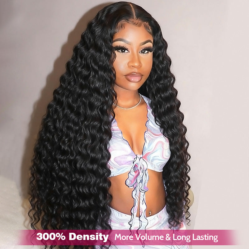 300% Density Deep Wave Wig Pre Bleached Knots Glueless 13x4 HD Lace Front Wig With Elastic Drawstring Wear Go Wig - AlloveHair