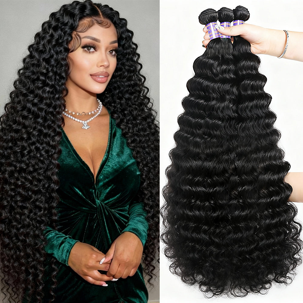 Bouncy & Defined Deep Wave Bundles 30-38 Inch Long-Lasting Deep Curly Human Hair Extensions - AlloveHair