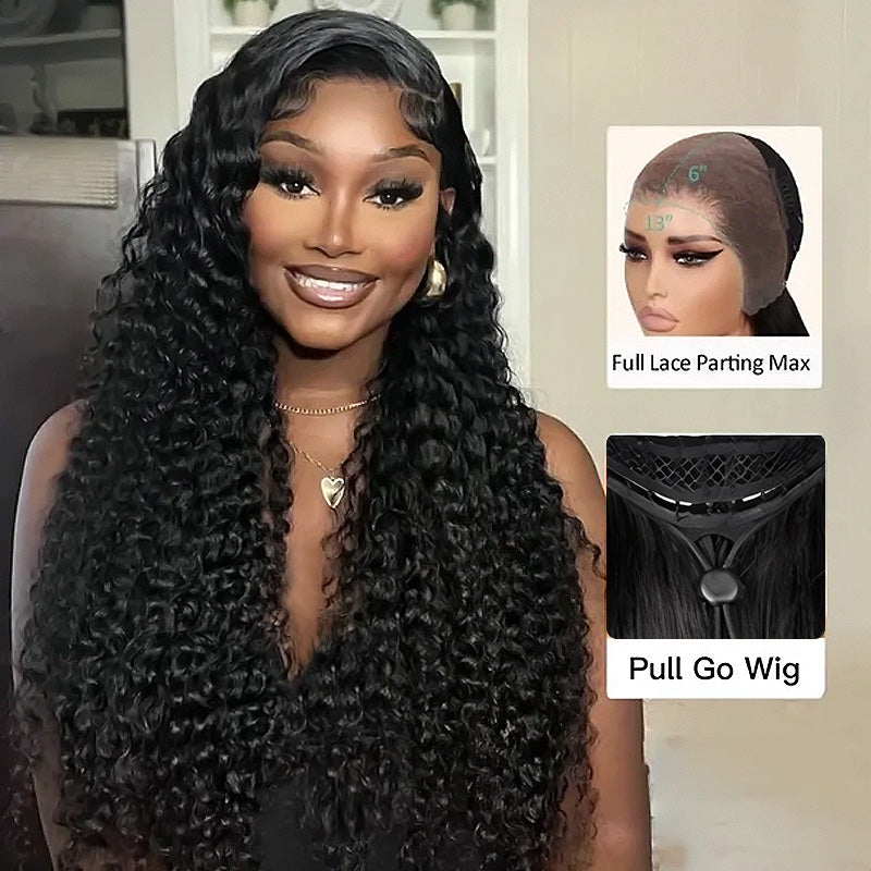 Allove Glueless Pull and Go Drawstring Wig with Pre Plucked Deep Wave 13x6 HD Full Lace Front Wigs - AlloveHair