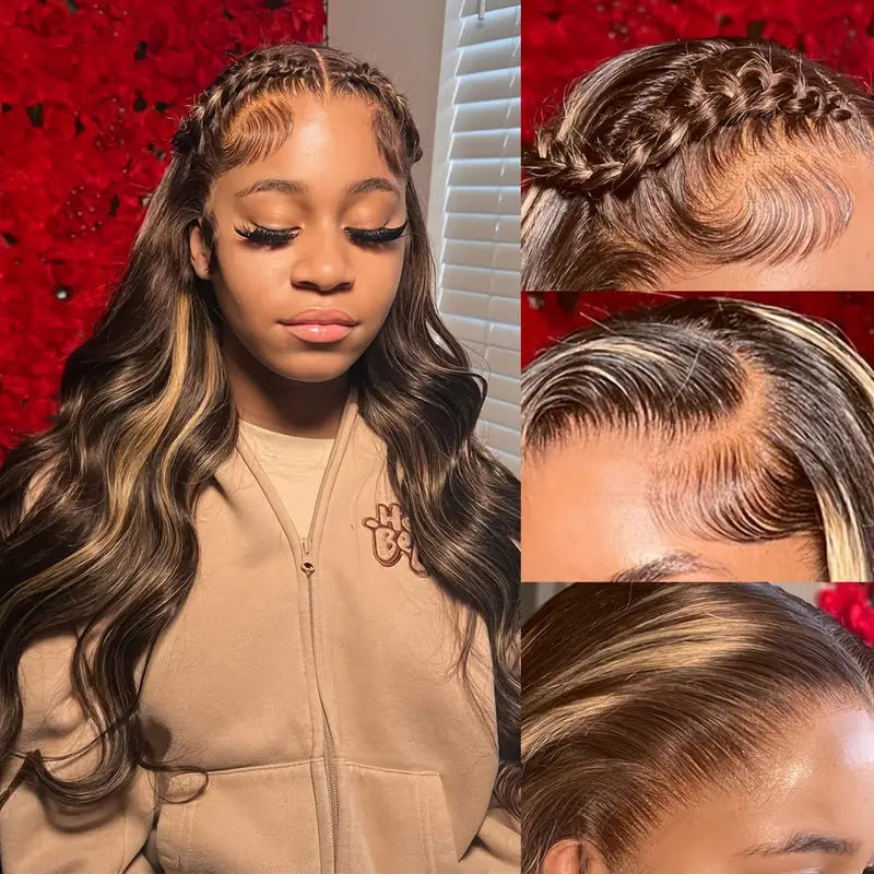 [35% OFF No Code Needed] Blonde Balayage HD Lace Frontal Wig Highlight Body Wave Glueless Human Hair Wigs 4x4 Lace Front Wig - AlloveHair