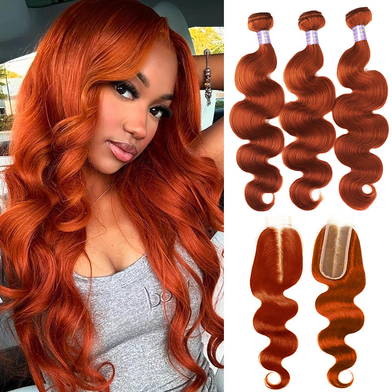 #350 Ginger Orange Bundles with 2x6 Lace Closure Virgin Body Wave Human Hair 3 Bundles with HD Lace Closure - AlloveHair