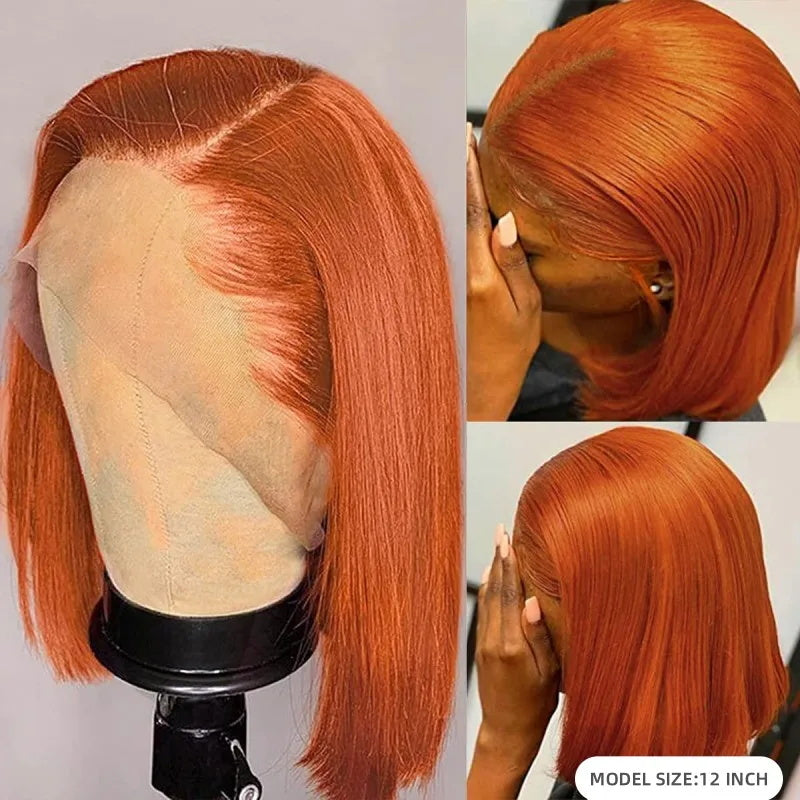 Orange Ginger Color Short Bob Straight Hair 13x4x1 Lace Part Human Hair Wigs